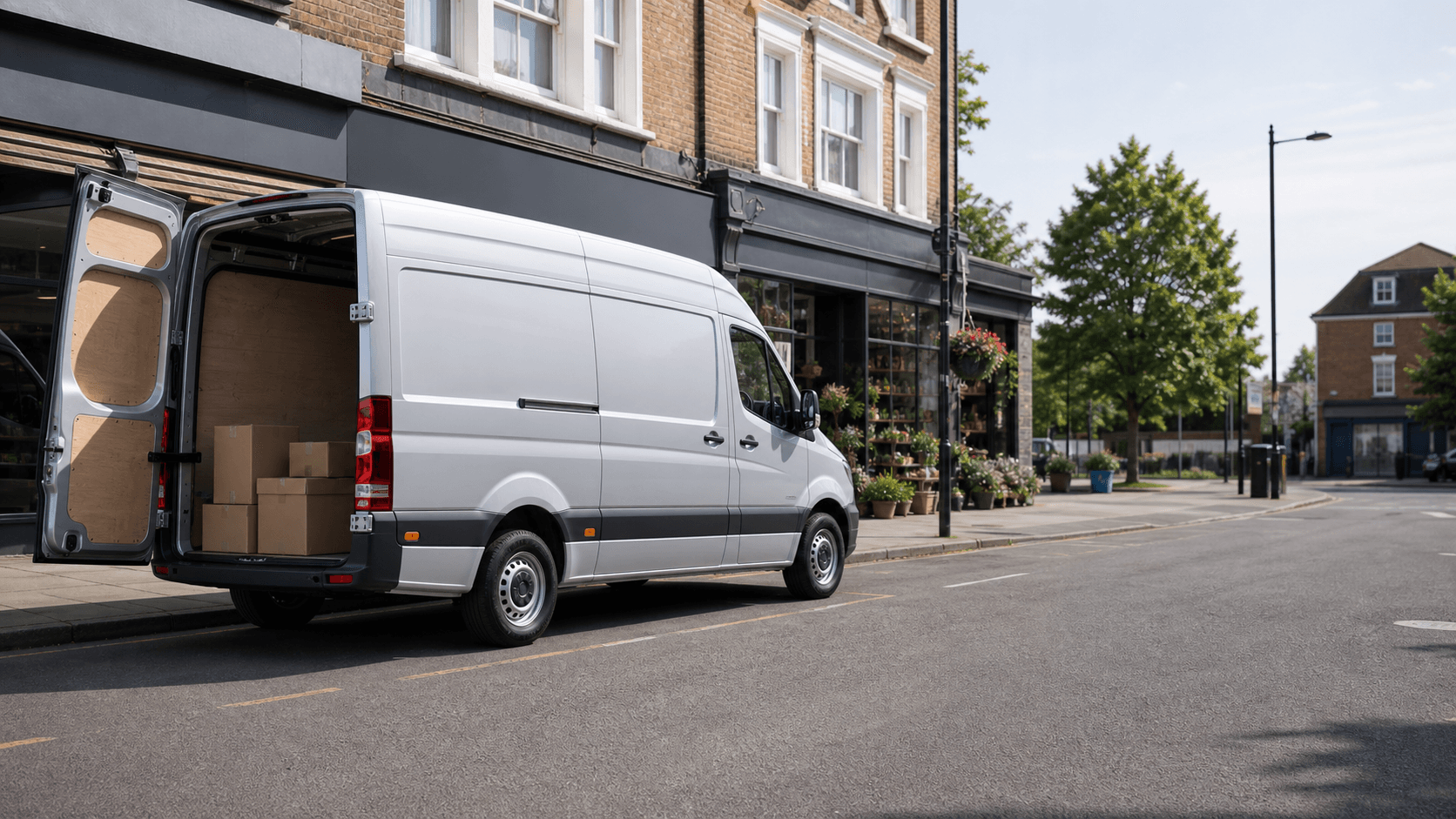 Modern self-drive rental van ready for loading in Epsom